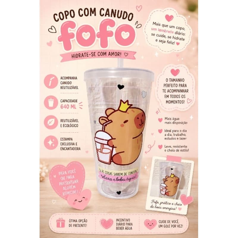 Copo 640ml Plastico Capivara FoFo com Tampa Canudo Sortido - Cosy / Infantil Bebidas Escola Passeio Hidratação