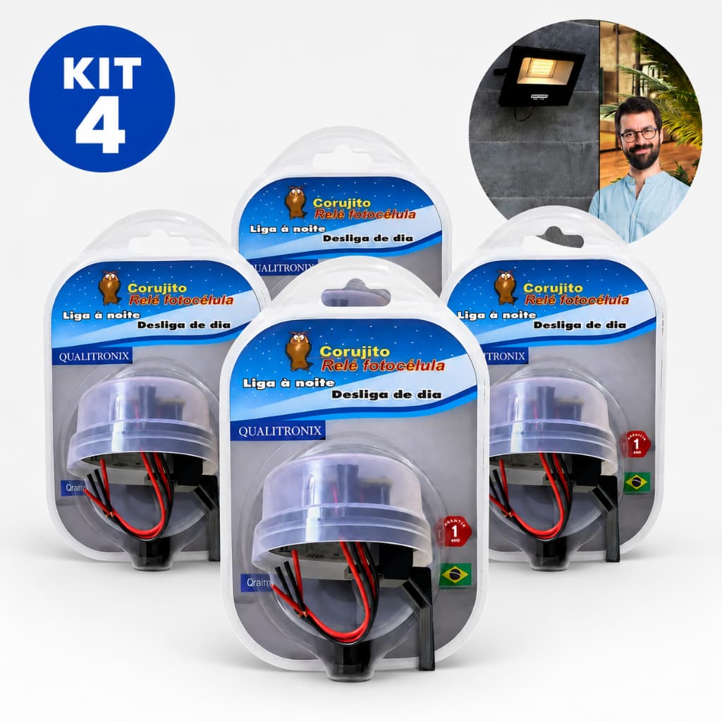 KIT 4 Relé Fotocélula Corujito Fácil Bivolt automático Noturno Com Suporte/Base Qualitronix QR51