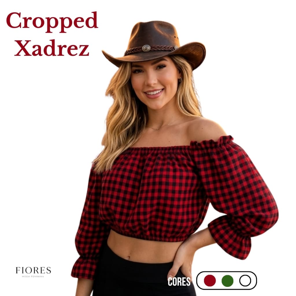 Blusa Cropped Xadrez Ombro a Ombro Manga Blusinha tipo Ciganinha Luxo Festa Junina Rodeio Virginia