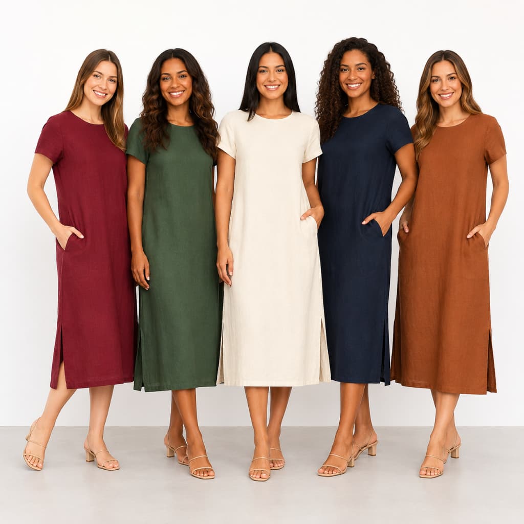 Vestido Feminino Manga Curta Linho Longo Elegante Forrado Fenda Lateral com Bolso Zíper nas Costas Verão