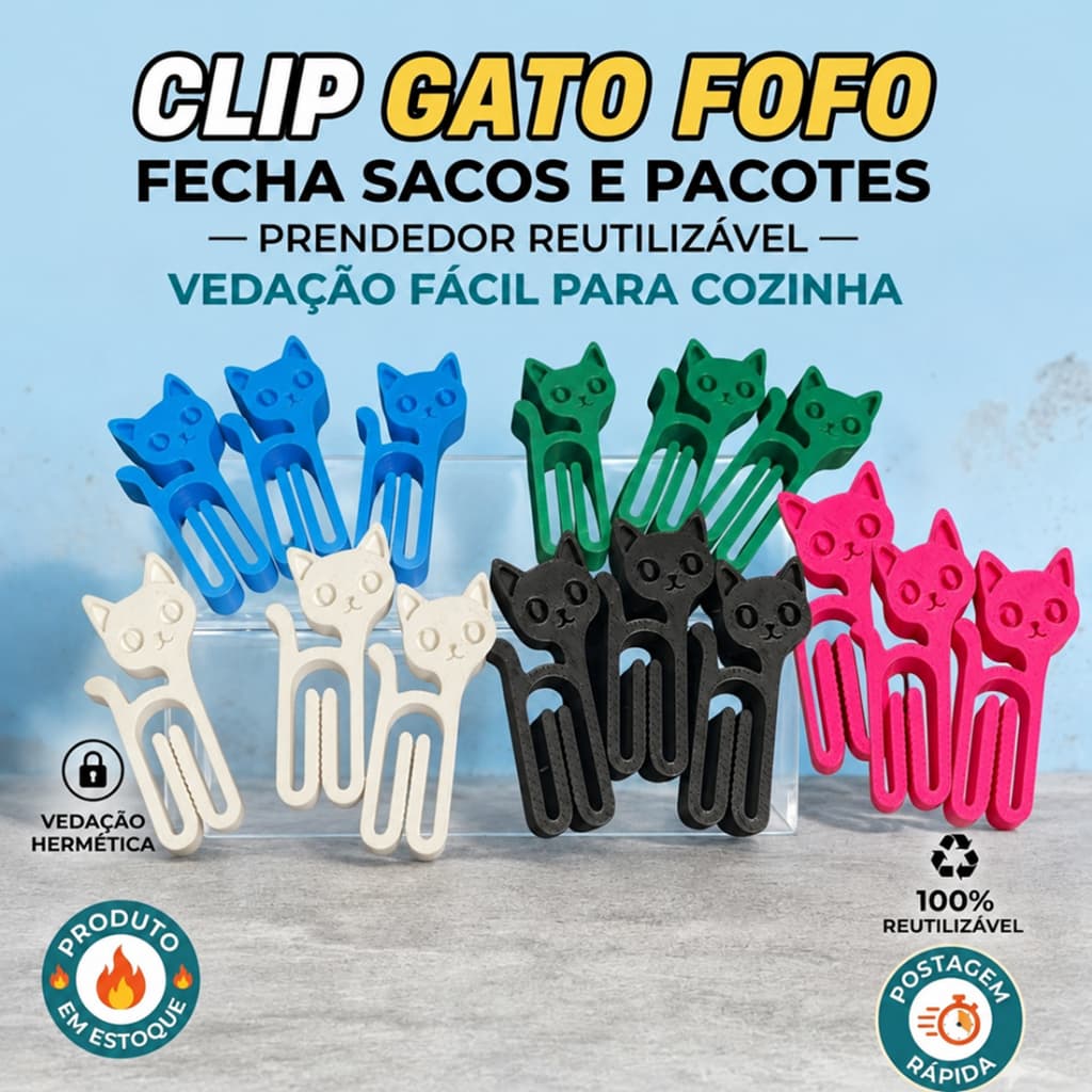 Clip Gatinho Fofo Fecha Pacotes – Prendedor de Saco Alimentos Vedação Prática Cozinha