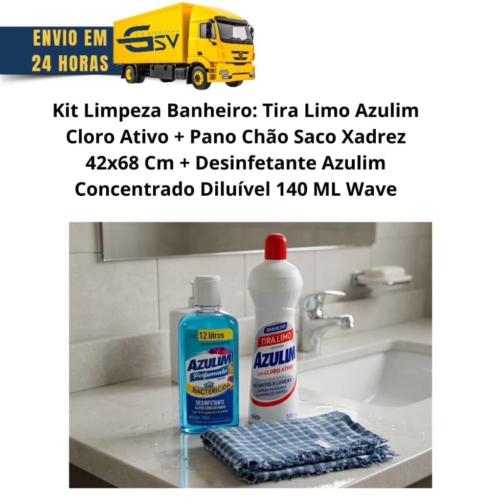 Kit Banheiro:Tira Limo Azulim 500 ML+Pano Chão Xadrez +Desinfetante Concentrado Azulim Wave 140 Ml