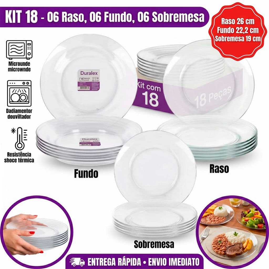 Kit Jogo 18 Pratos Conjunto Duralex Astral 6 Sobremesa, 6 Rasos e 6 Fundos Vidro Temperado