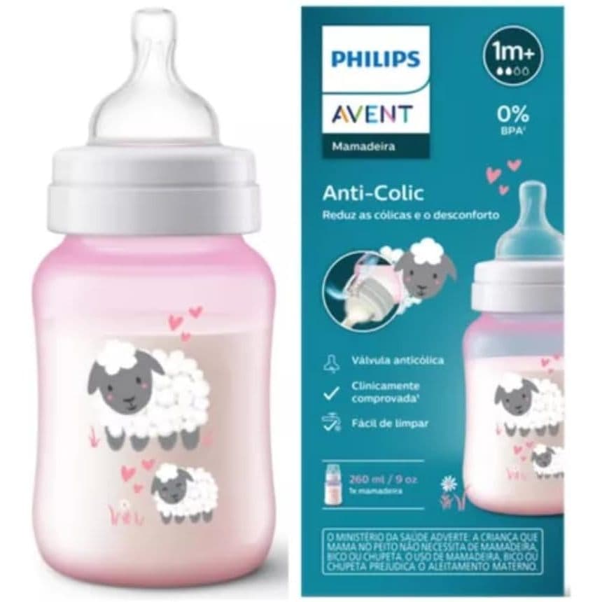 Mamadeira Avent Rosa Ovelha 260ml Anticolica Rosa 1M+