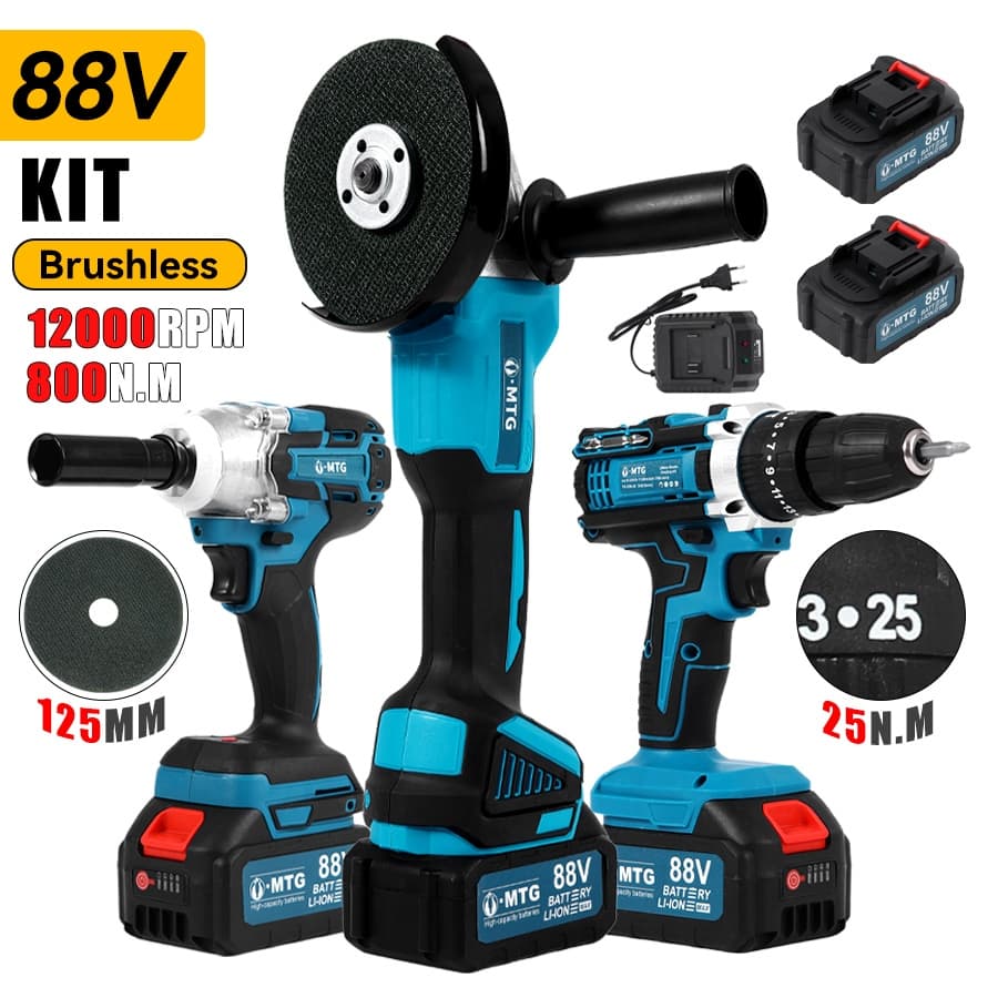 Kit 3 Em 1 88V: Parafusadeira De Impacto, Chave De Impacto E Esmerilhadeira - 2 Baterias Lítio