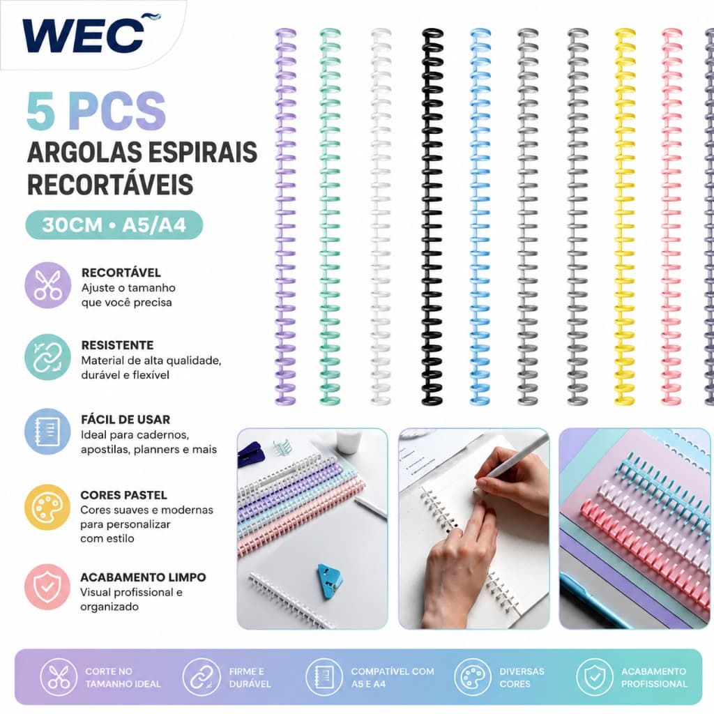 Pacote com 5 Discos Anel Espiral com 30 furos Para Encadernação/ Bloco De Notas/ Caderno/ Apostila