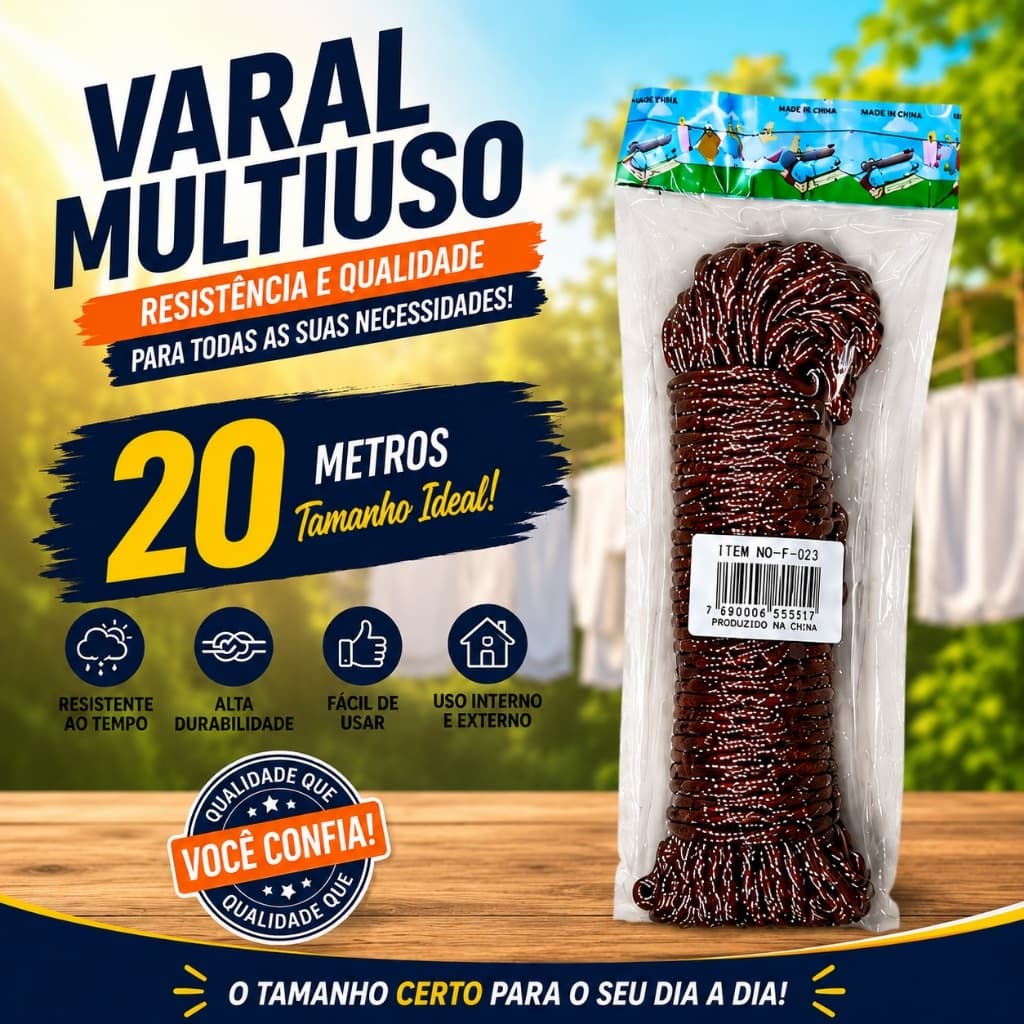 Corda Multiuso de 20 Metros Super Resistente para Varal Camping Lona Moto e Uso Geral