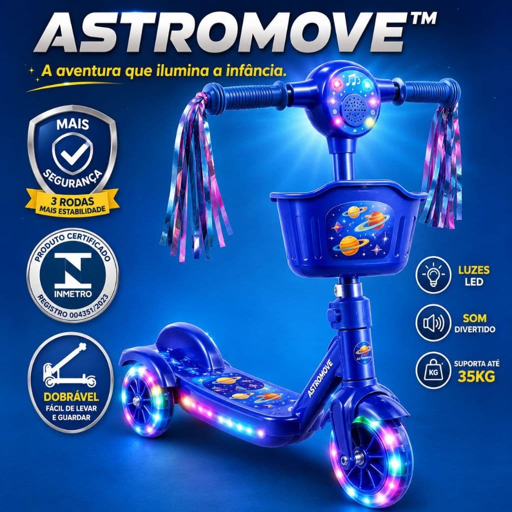 Patinete Infantil 3 Rodas Dobrável Com Luz LED Som e Cesta AstroMove™ Seguro Até 35kg Azul