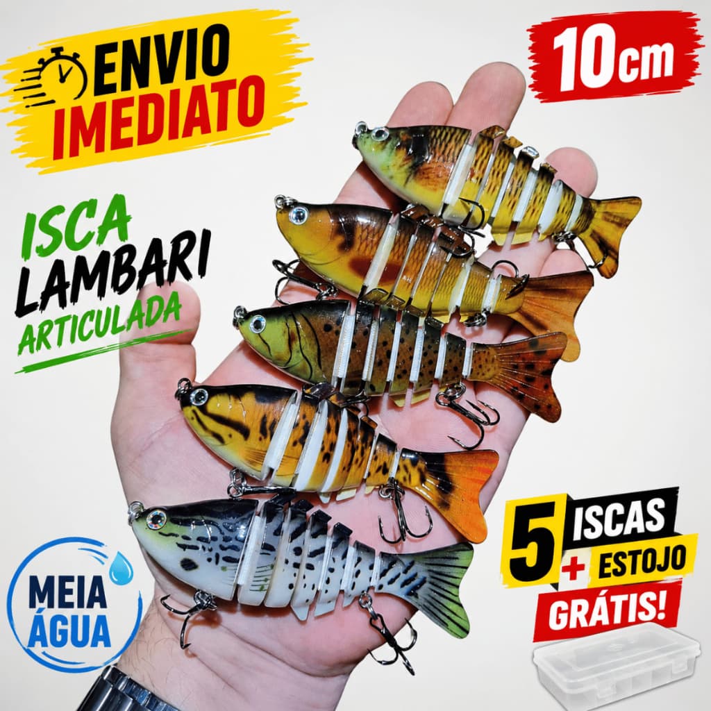 Kit 5 Isca Artificial Lambari 10 cm + Estojo Tucunaré Dourado Traíra Robalo Pesca Peixe Meia Agua