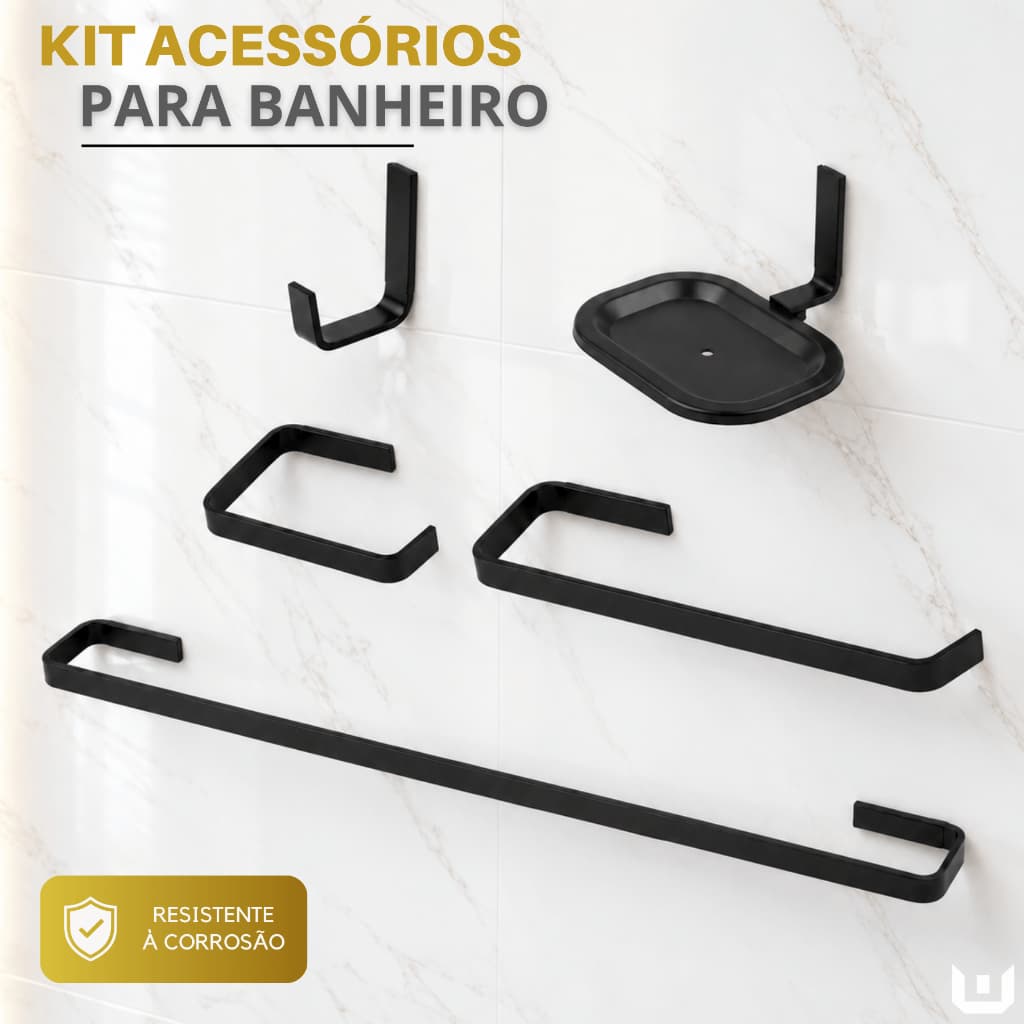 Kit Acessórios 05 Peças Quadrado Para Banheiro Stander Preto Fosco