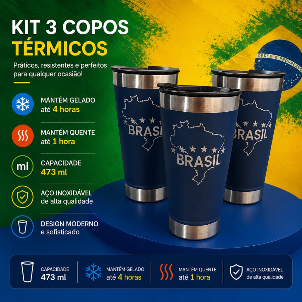 Kit Copo Térmico 3 unid 473ml, nas cores Verde Amarelo e Azul.Mantém Quente e Gelado por mais Horas.