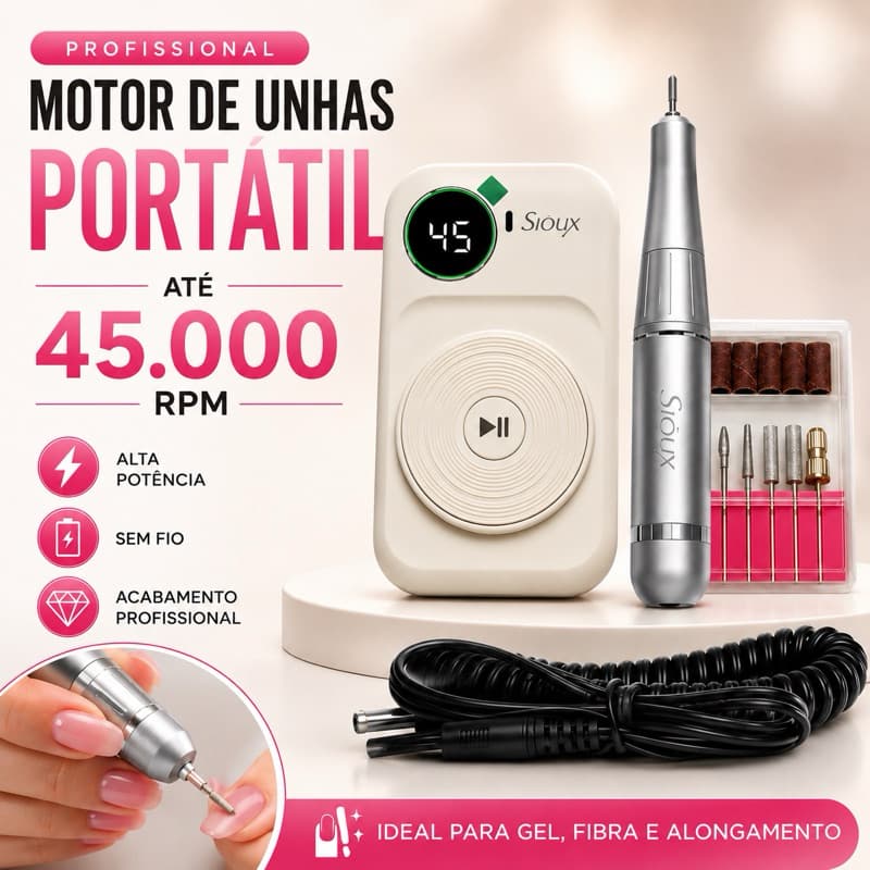 Motor de Unha Sioux Portátil 45.000 RPM Sem Fio Recarregável Lixa Elétrica Sioux Gel Fibra Acrílico e Alongamento