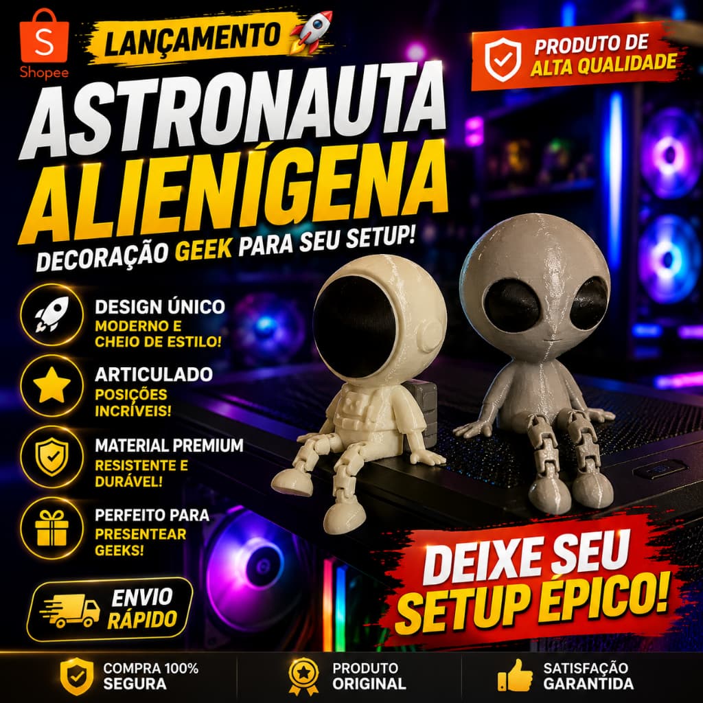 Bonecos Geek Alienígena e Astronauta Articulados para Setup Decoração Gamer PC, Quarto e Escritório