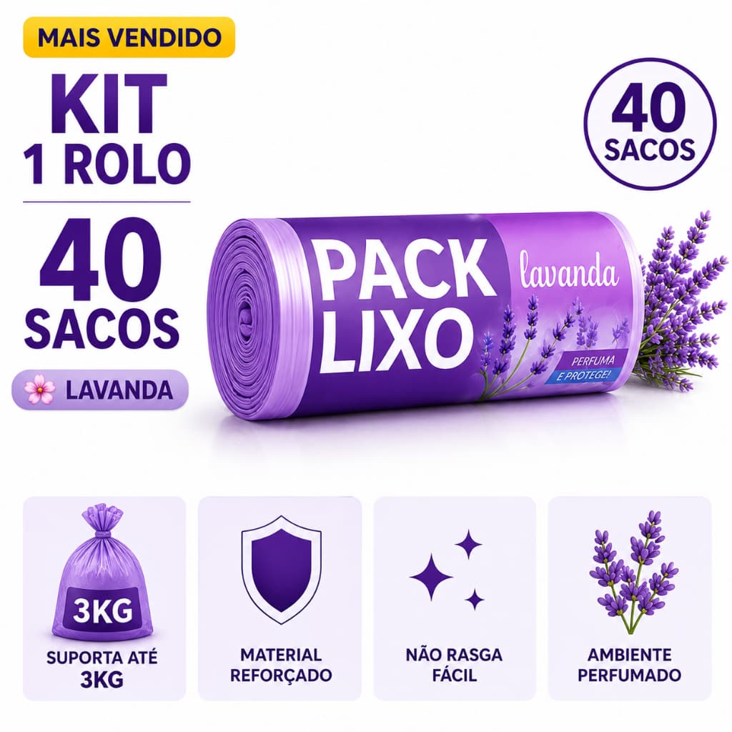 Saco Lixo 10L Lavanda 34x38 Resistente Perfumado Banheiro Pia Cozinha Neutraliza Odores Cheiro