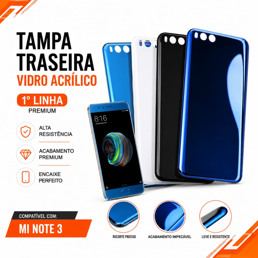 Tampa Mi Note 3 Traseira Vidro Acrílico 1° Linha Premium Com Logo MI Encaixe Perfeito