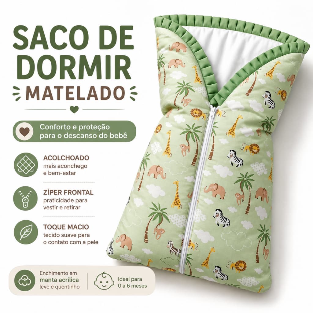 Saco de Dormir Bebê Acolchoado Matelado Conforto e Proteção 35x60 cm