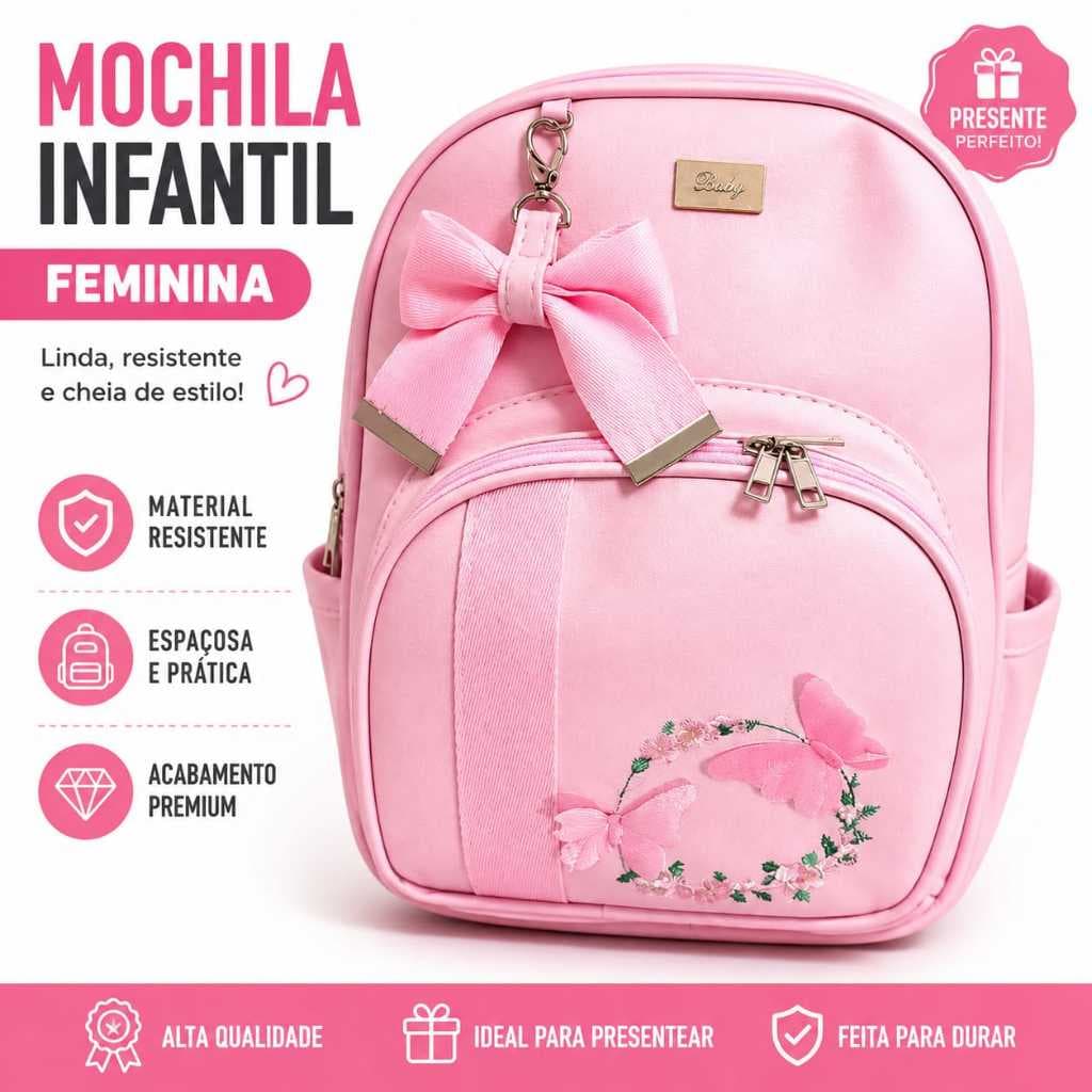 Mochila Infantil Feminina Luxo com Pingente de Laço Bolsa Escolar Linda Presente Várias Cores