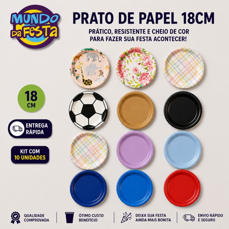 Prato de Papel Descartável Biodegradável 18 cm Festa Aniversário Decoração