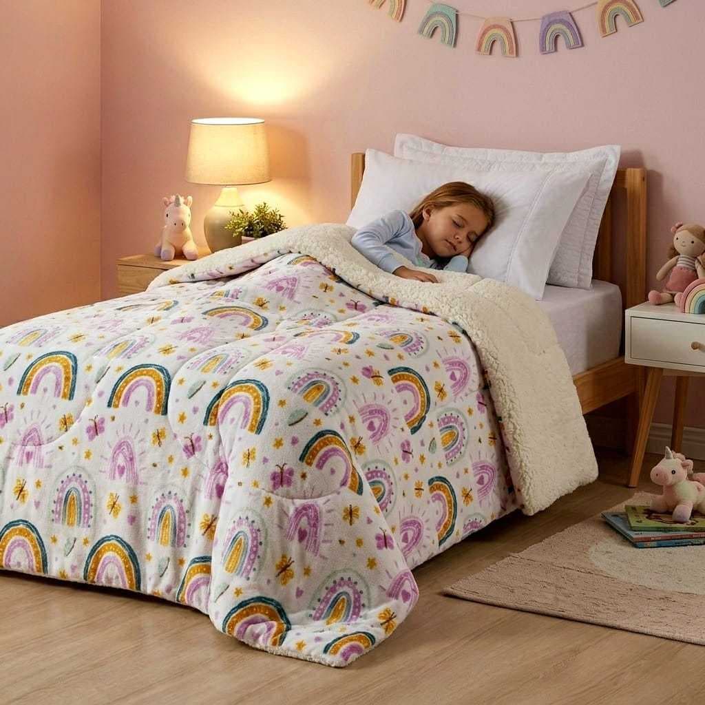 Coberdrom Infantil Cobertor e Edredon Dupla Face com Manta Flannel Macia e Sherpa Fofinha Tam Solteiro Estampado e Liso