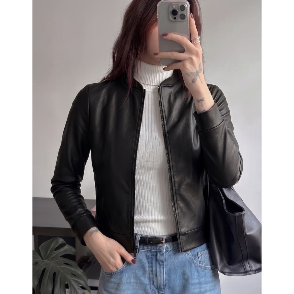 Jaqueta Casaco Bomber Blusa Manga Longa Couro Cirre Fake Feminino Inverno