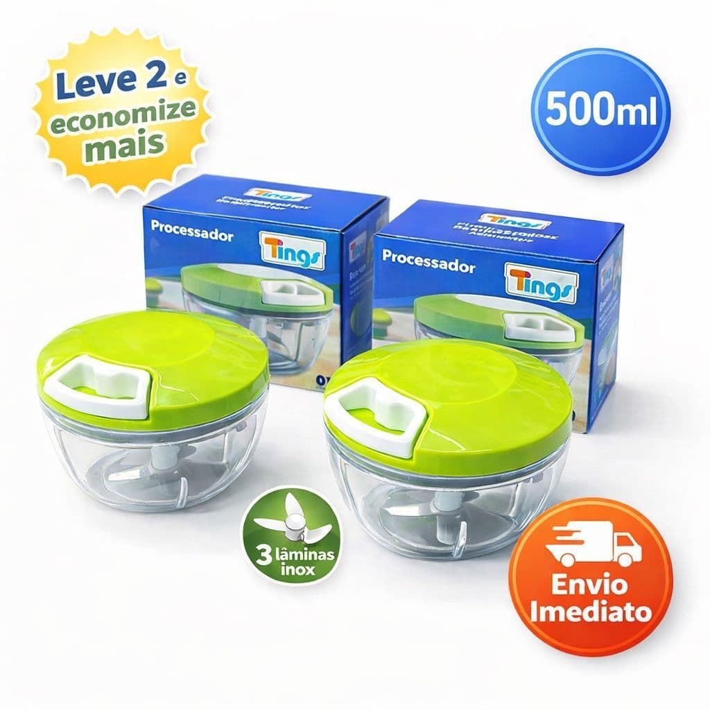 KIT 1 a 2 Processador de Alimentos Manual 3 Lâminas Aço Inox 500ml Triturador de Alho e Legumes