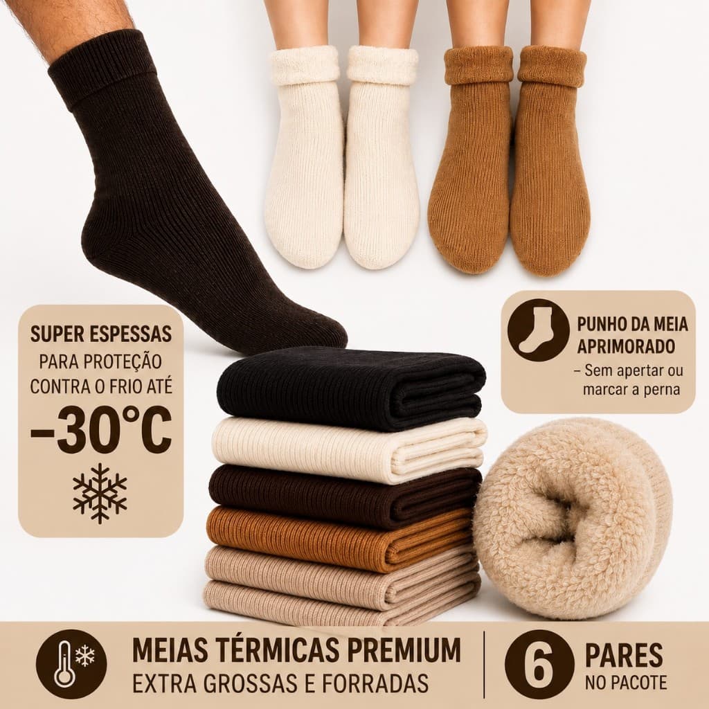 Kit Meias Térmicas Peluciadas Terrosas Forro 360º Inverno Unissex 34-44 Sortidas Cores Neutras Pelúcia Meia Grossa