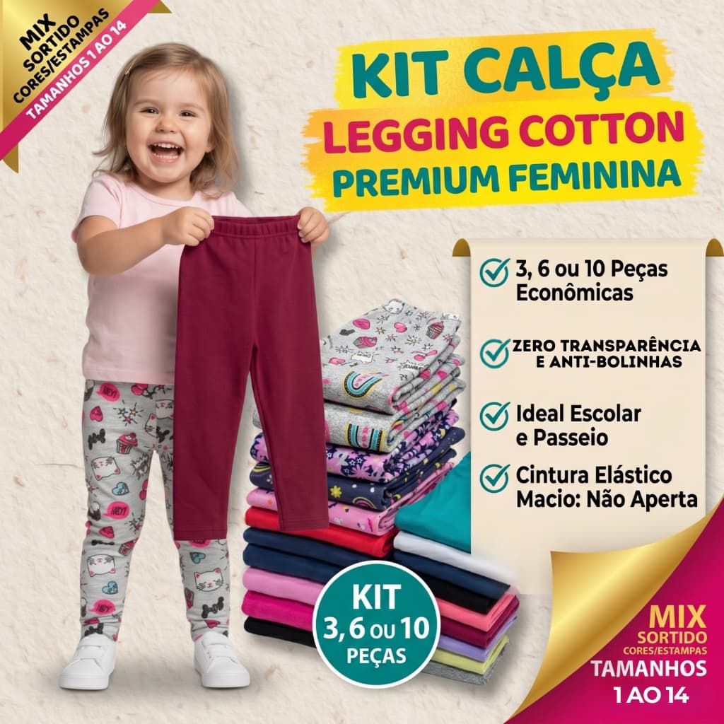 Kit 3, 6 ou 10 Calças Legging Infantil Cotton Feminina Legging Escolar Lisa ou Estampada Confortável