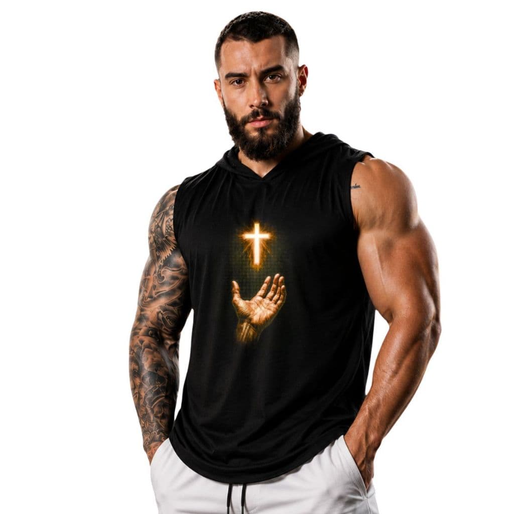Regata Com Capuz Masculina Cruz Iluminada Fé Cristá Longline Malha PV