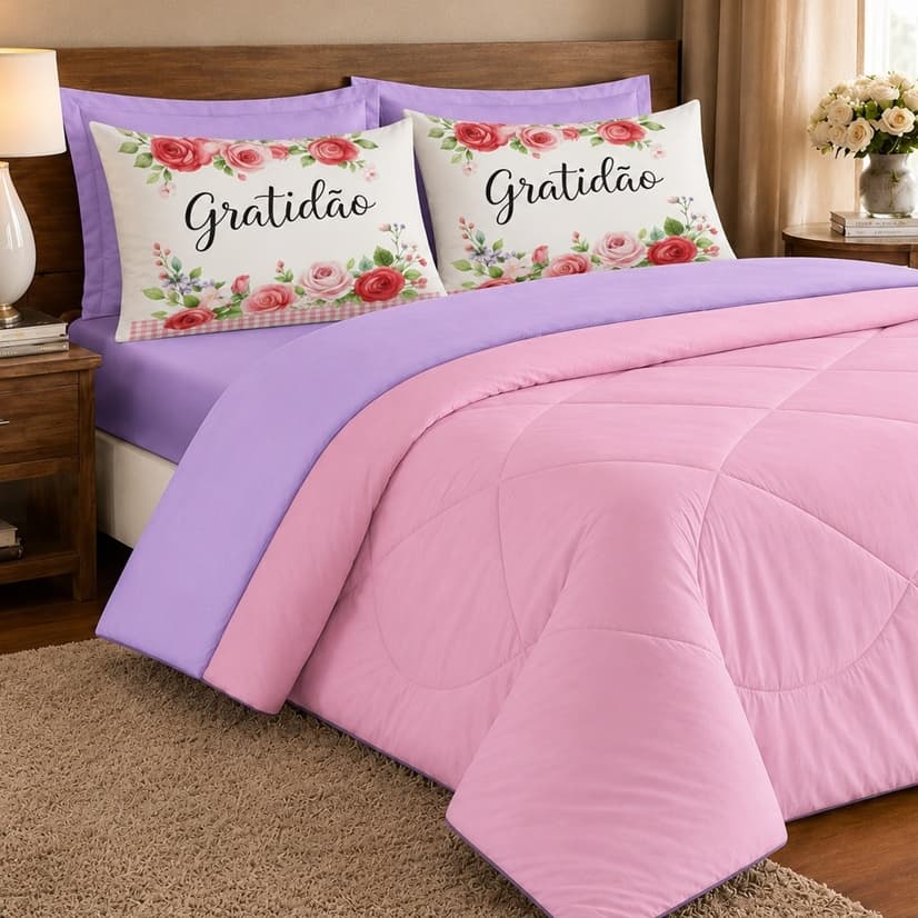 KIT EDREDOM CASAL QUEEN ESTAMPADO ( GRATIDÃO ) DUPLA FACE 05 PEÇAS PROMOÇÃO - ROSA COM LILÁS