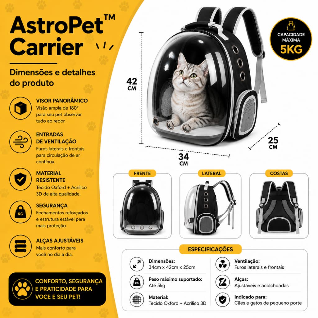 Mochila Bolsa Pet 5kg Visão Panorâmica Astronauta Cachorro Gato Tecido Oxford Acrílico 3D ventilada