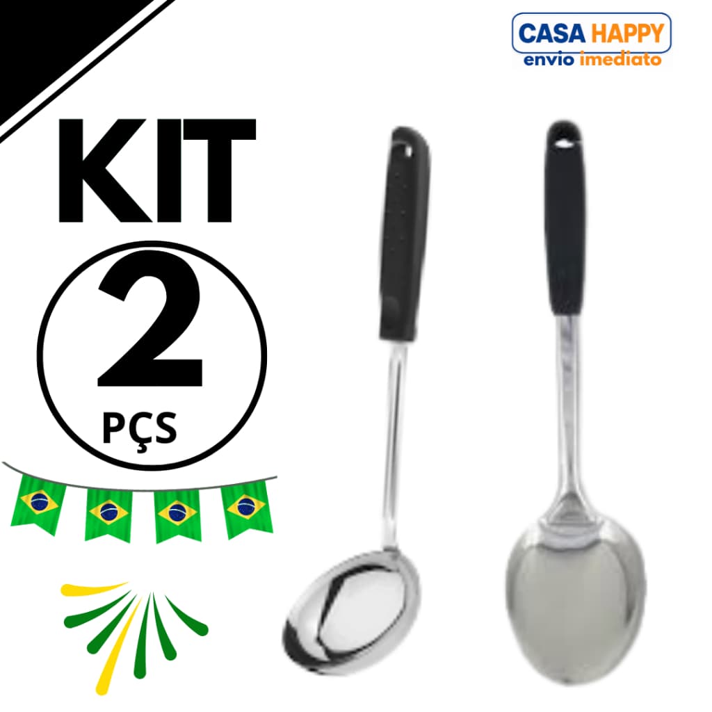 Kit Concha e Colher de Arroz Inox Cabo Longo Reforçado Aço Inoxidável Cozinha Buffet Restaurante Casa