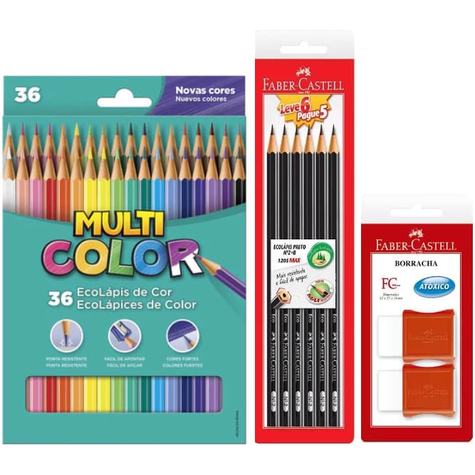 Kit com 36 Lápis de Cor + 6 Lápis de Escrever + 2 Borrachas Faber-Castell