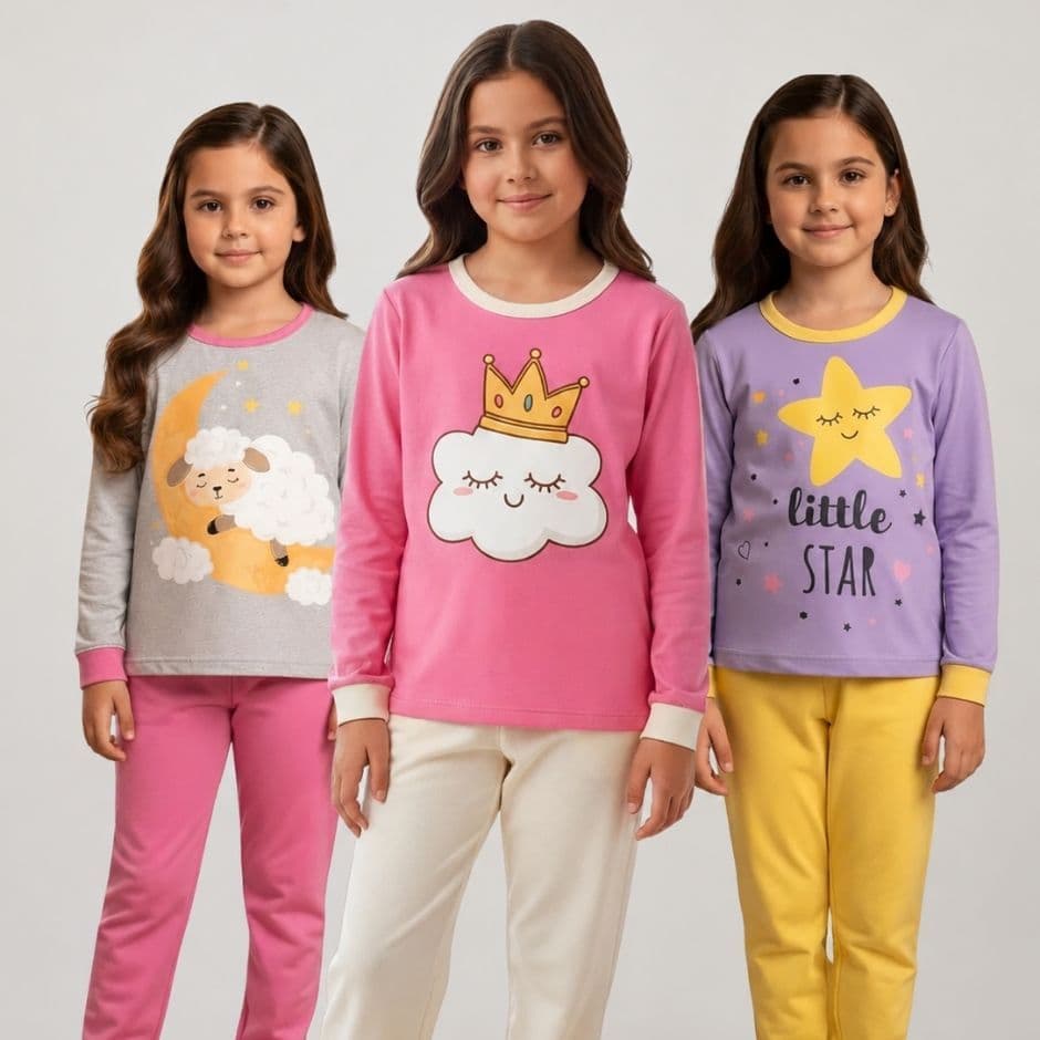 Pijama Menina 100% Algodão Pijama Infantil Inverno Roupa de Dormir Juvenil Tamanho 1 ao 14 anos
