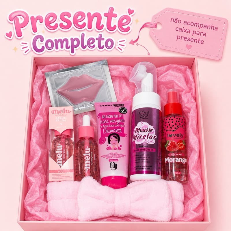 Kit Infantil Skincare Completo 6 Itens Melu Sérum Facial Mousse Micelar Máscara Labial Tiara Spa Perfume Menina