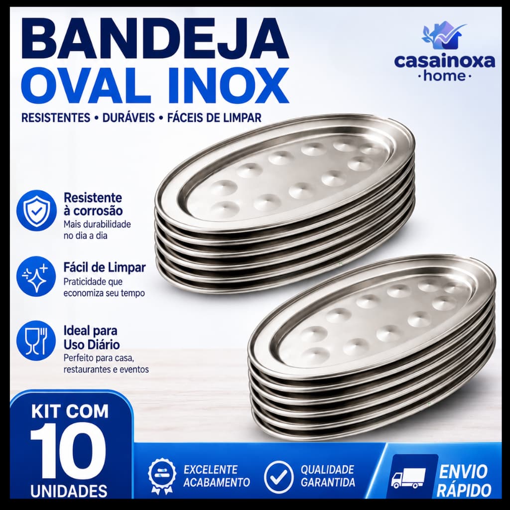 Kit 4 Travessas Ovais Inox Bandeja Oval Para Petiscos Porções Bar Restaurante