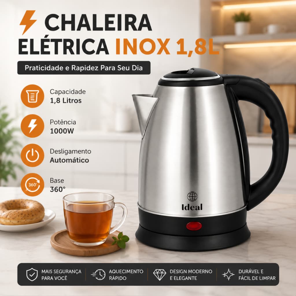 🔥Chaleira Elétrica Inox 1.8L 127V Café Chá Rápida Promoção
