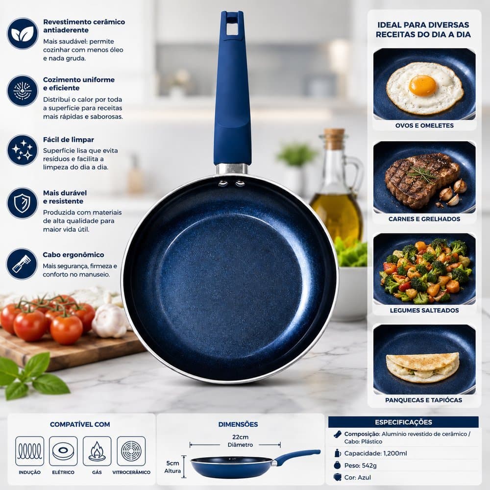 Frigideira Antiaderente Revestimento Cerâmico 22cm Azul