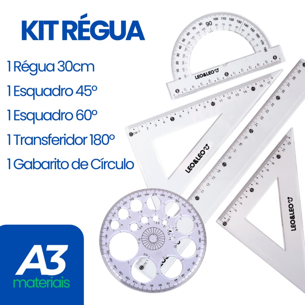 Kit Régua C/ 5 Itens - 1 Gabarito de Círculo + 1 Régua 30 cm + 2 Esquadros + 1 Transferidor