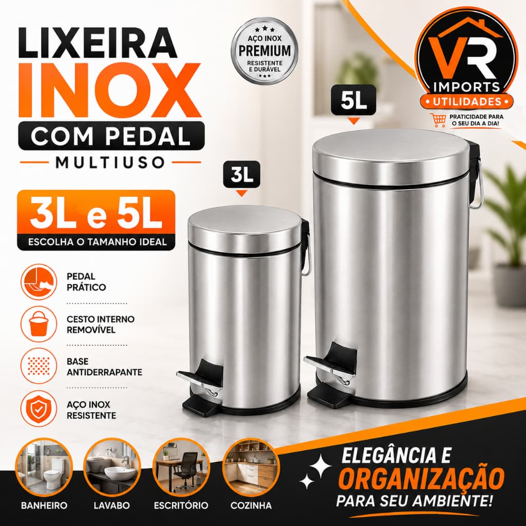 Lixeira Inox Redonda Multiuso 3L e 5L Tampa Basculante Banheiro Cozinha Escritório Resistente