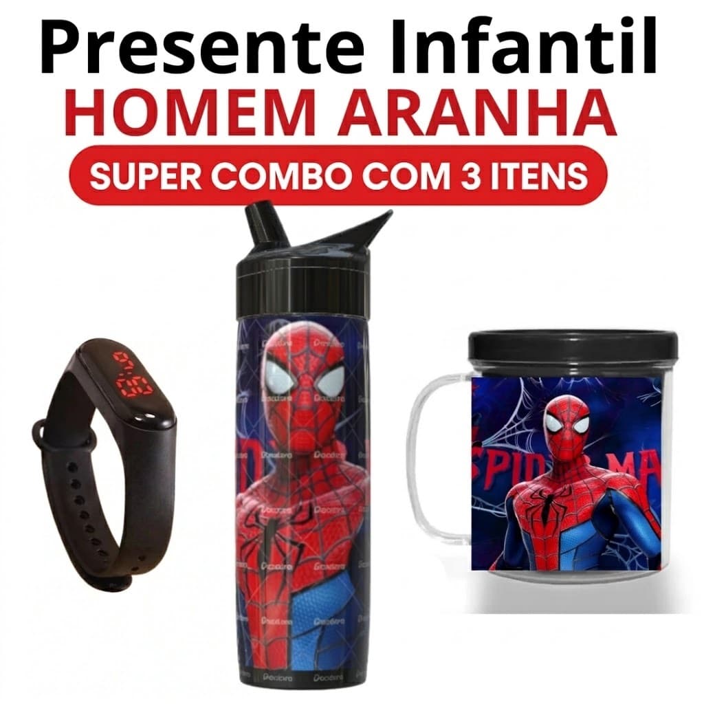 Kit Infantil Homem Aranha Garrafa, Copo e Relógio Digital Presente Menino, Aniversário, Dia das Crianças, Natal