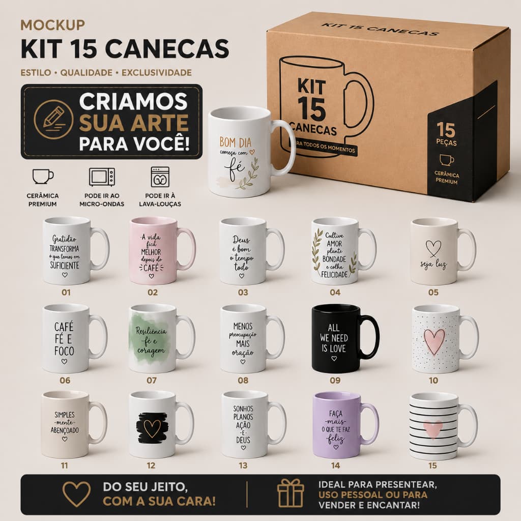 kit 15 unidades de caneca de porcelana personalizada de 325ml