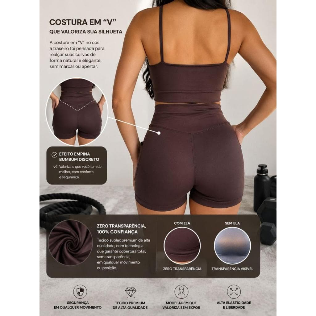 Short Feminino Academia Cintura Alta Com Bolso Lateral Fitness Corrida Bermuda Treino Compressão Suplex Premium