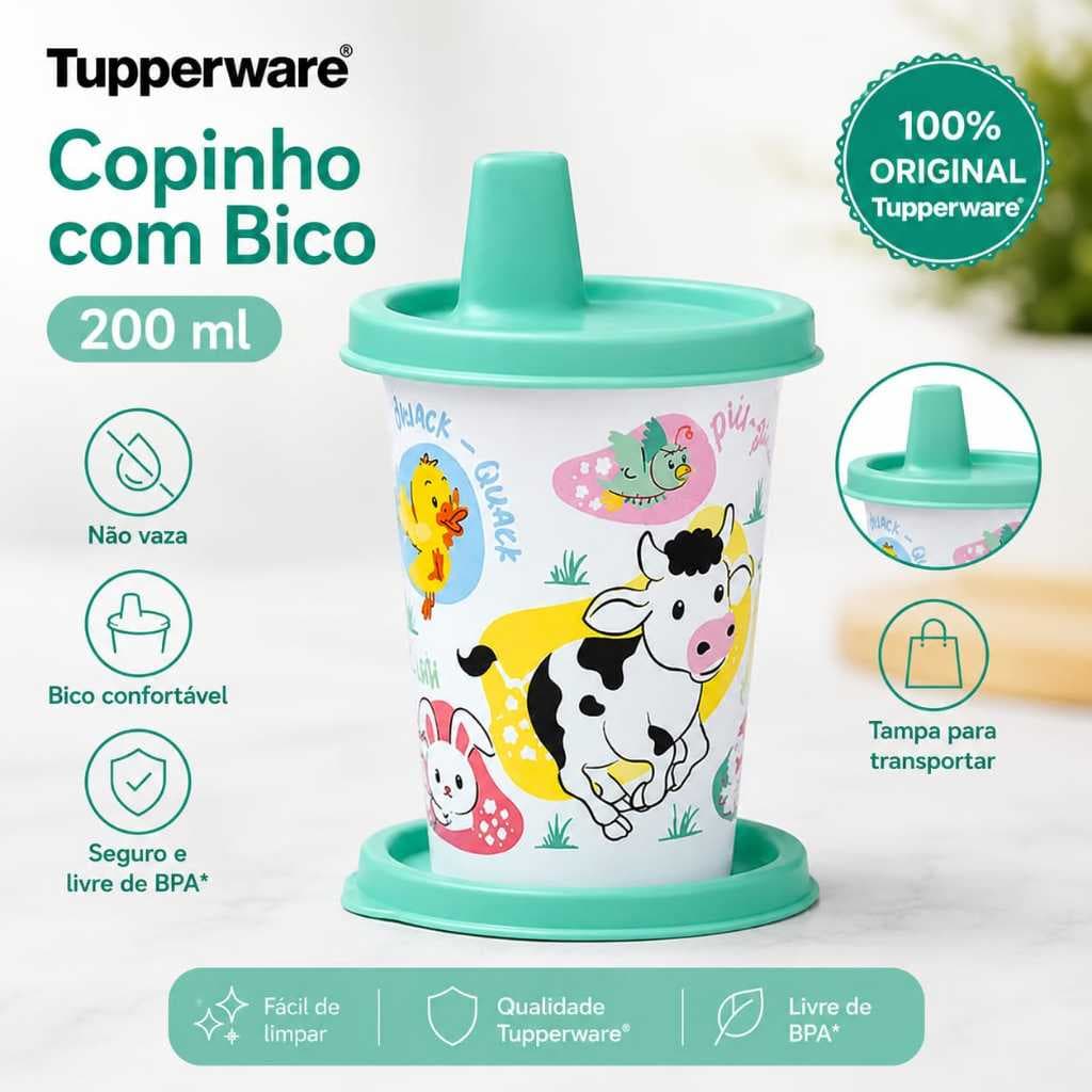 Copo Infantil Com Bico E Tampa Tupperware Copinho 200ml Treinamento Não Vaza