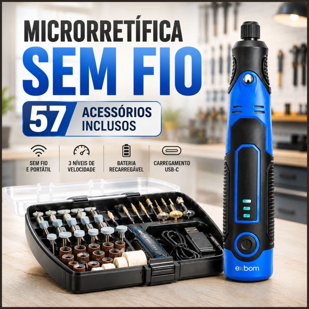 Micro Retífica Sem Fio 57 em 1 Kit Completo para Corte Lixa Polimento e Gravação