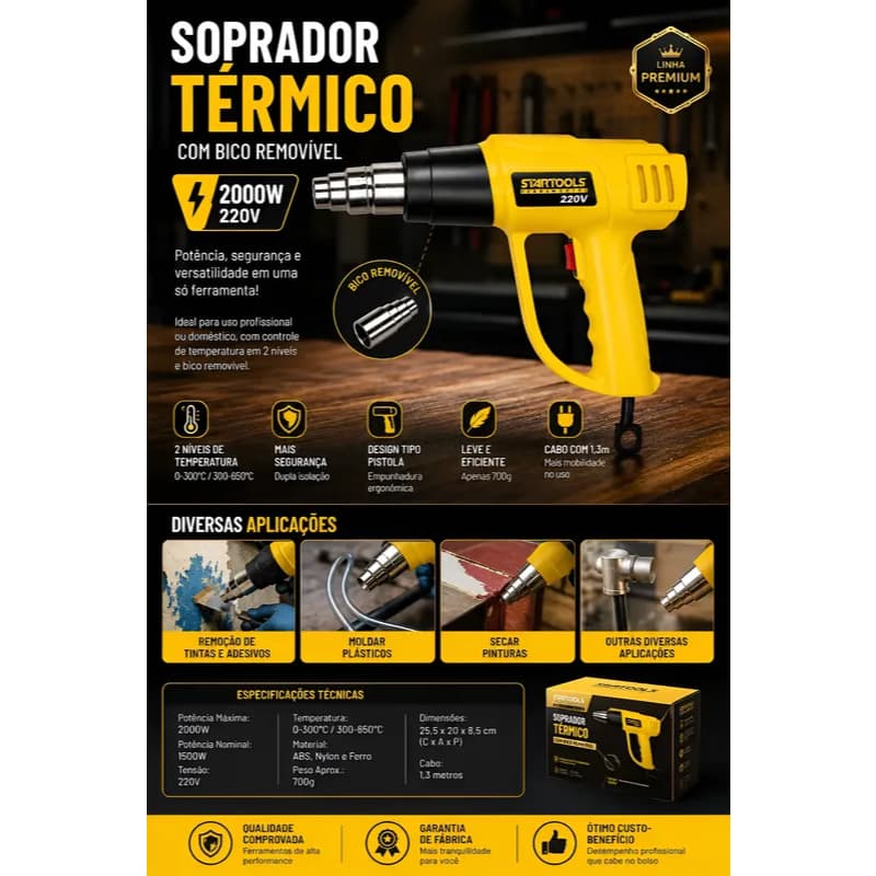 Pistola de Ar Quente 2000W 220V P/ Remover Cola Tinta Envelopamento e Plásticos - Soprador Térmico
