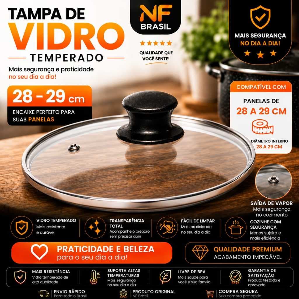 Tampa de Vidro 28/29 Cm Temperado Avulsa Para Panela