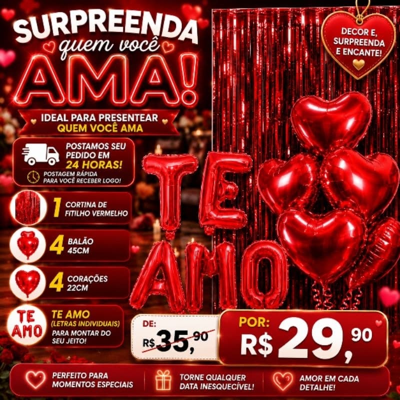 Kit Decoração Dia dos Namorados Te Amo Balões Coração Cortina Romântica Surpresa Completa