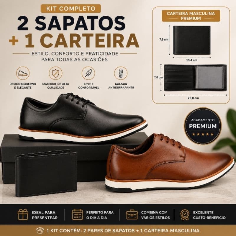 Kit 2 Pares de Sapato Social Masculino Oxford Estiloso Confortável +1 Carteira Slim Antiderrapante Promoção Dia dos Pais