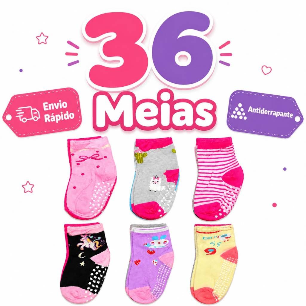 Kit Meias Antiderrapante 3 a 18 Pares 0 a 10 Anos Estampas Lindas e Coloridas Infantil Para Sua Princesa