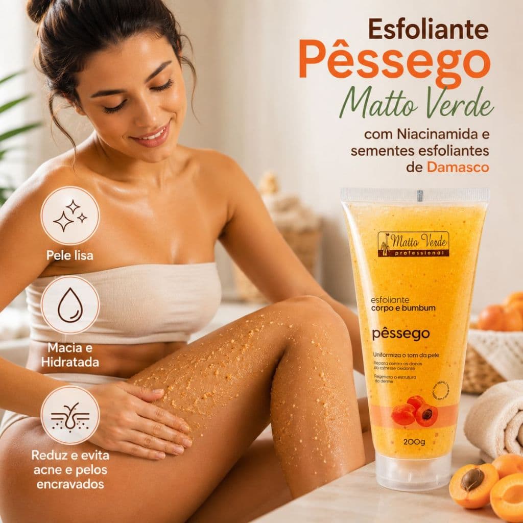Esfoliante para Corpo e Bumbum de Pêssego Uniformiza o tom da Pele 200g Matto Verde